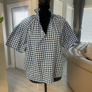 A Shirt Thing Blue Gingham Plaid Ruffle Collar Short Sleeve Blouse SP